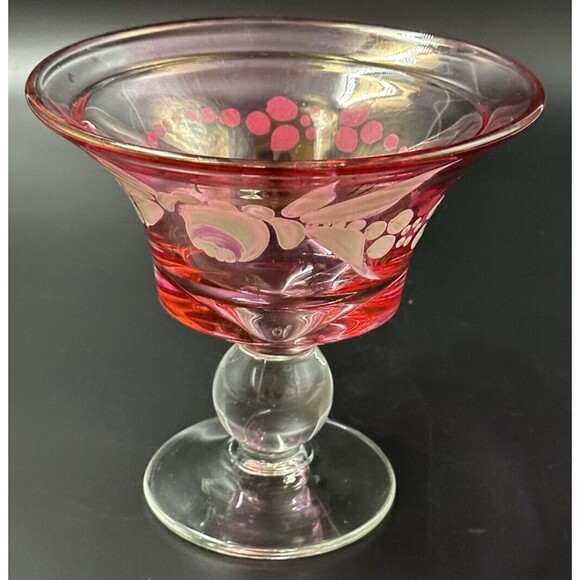 Hand Painted Design on Cranberry Glass Footed Bowl with Clear Glass Pedestal - Picture 6 of 8